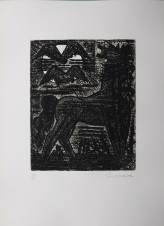 Офорт Gromaire - Présages, cheval noir et oiseaux de nuit, 1958