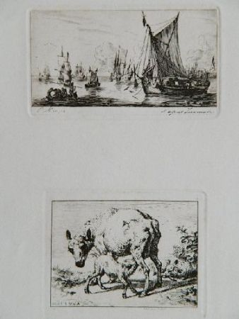 Гравюра Meryon - Pêcheurs de la mer du sud (after Zeeman) [with] La brebis et les deux agneaux (after Van de Velde)
