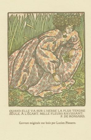 Гравюра На Дереве Pissarro - Quand elle va sur l'herbe... / Girl Picking Flowers