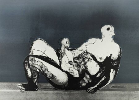 Литография Moore - Reclining Mother and Child with Blue Background