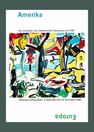 Литография Lichtenstein - Roy Lichtenstein: 'Figures in Landscape' 1986 Offset-lithograph (Hand-signed)