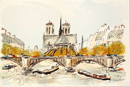 Литография Huchet - Seine et Notre-Dame de Paris