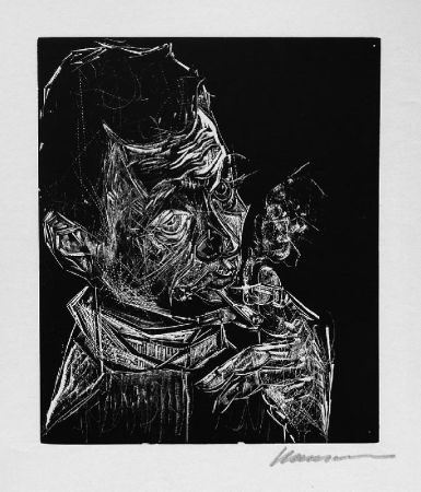Гравюра На Дереве Hansen-Bahia - Selbstbildnis, rauchend / Self-Portrait, Smoking