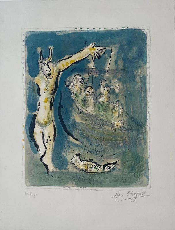 Литография Chagall - Sur la terre des Dieux (Planche 7) : Près des eaux d'Aulis blanches de remous quand les voiles carguées, les soutes vides firent gronder la rumeur des soldats (Eschyle) 