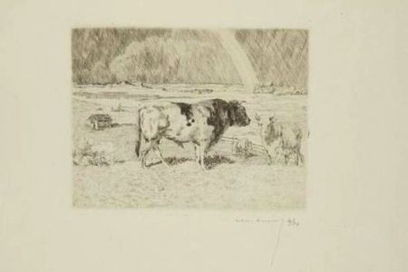 Гравюра Lunois - Taureau dans un pré / Bull in a Meadow