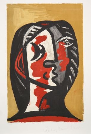 Литография Picasso - Tete de Femme en Gris et Rouge sur Fond Ochre