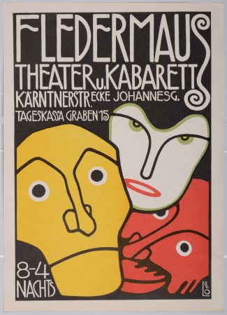 Литография Löffler - Three Masks, Fledermaus Theater and Cabaret, 1907