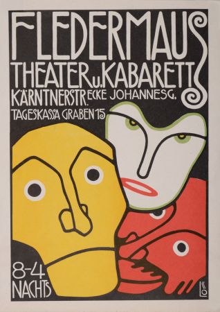 Литография Löffler - Three Masks, Fledermaus Theater and Cabaret, 1907