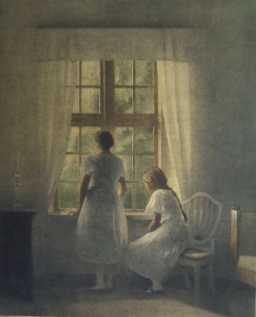 Mezzotint Ilsted - To Smaapiger ved et Vindue - Two minor girls at a window