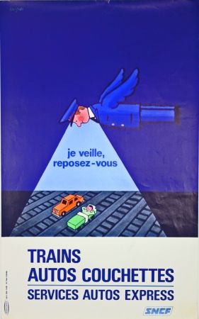Литография Savignac - Trains Autos Couchettes