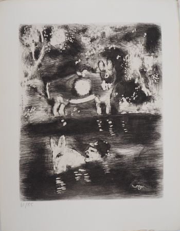 Гравюра Chagall - Traversée de la rivière (L'âne chargé d'éponges et l'âne chargé de sel)