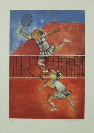 Литография Boulanger - TWO GIRLS PLAYING TENNIS