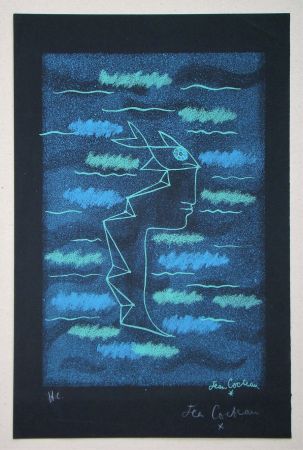 Литография Cocteau - Tête d'homme aux yeux poisson