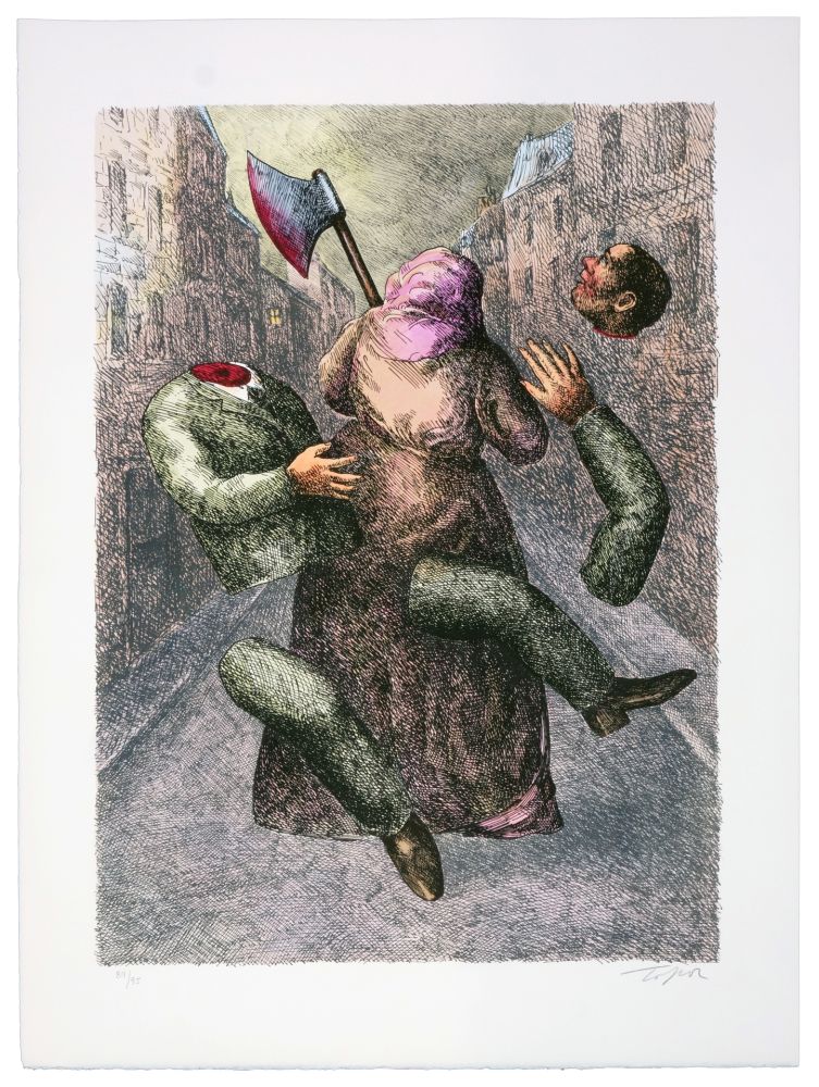 Литография Topor - Une jeune femme nocturne a asséné un coup de hache à A.Renaudy, dans un cabaret du boulevard Rochechouart, puis est partie