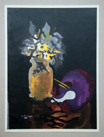 Литография Braque (After) - Vase de fleurs jaune et palette