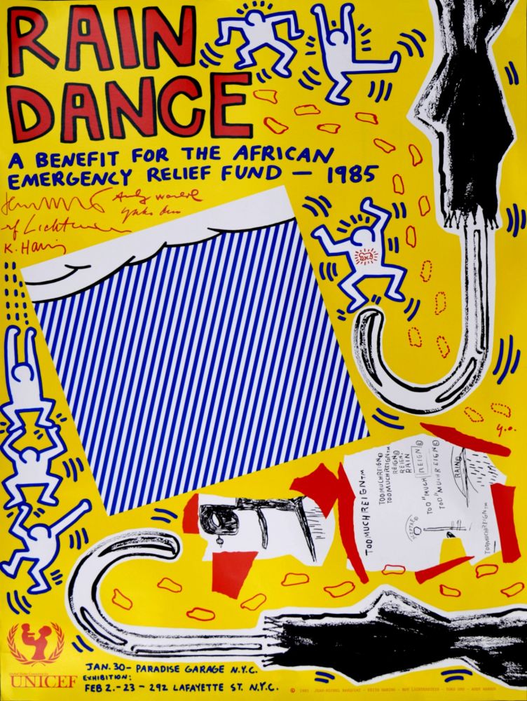 Литография Haring - (with Andy Warhol, Jean Michel Basquiat, Roy Lichtenstein & Yoko Ono) - Rain Dance, 1985 - Rare first printing!