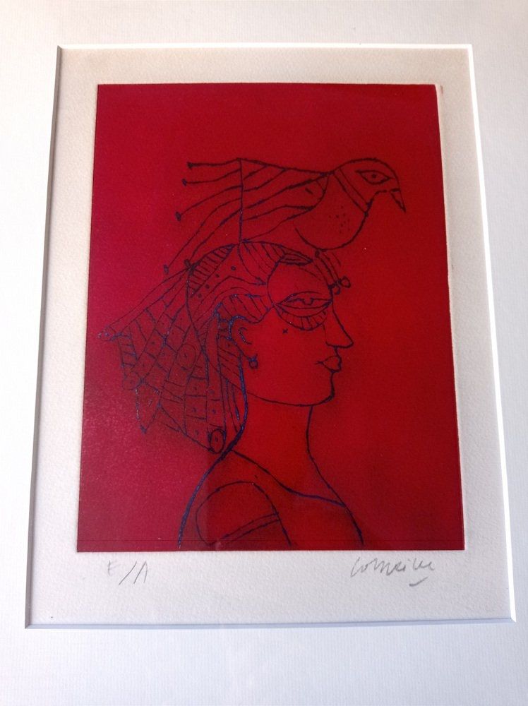 Офорт И Аквитанта Corneille - Woman with Bird, Hand-signed Etching in color