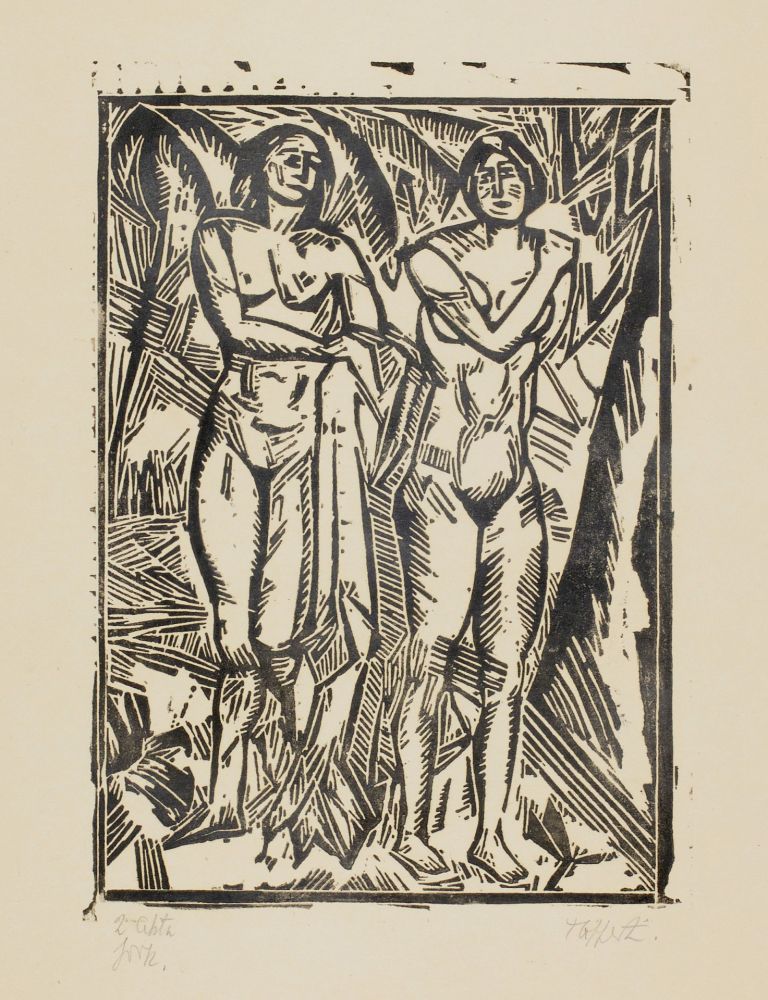 Гравюра На Дереве Tappert - Zwei stehende weibliche Akte mit Tuch (Two standing female nudes with cloth)