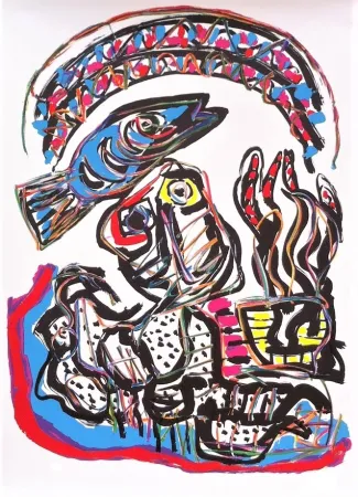 Литография Appel - Composition avec Poisson et Tête