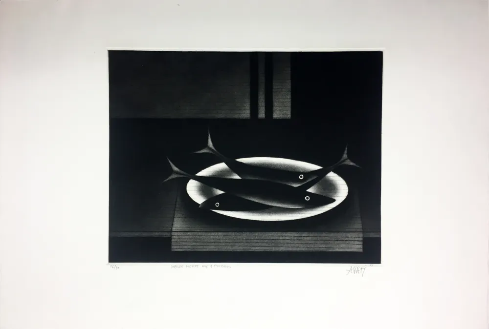 Mezzotint Avati - Nature morte aux 3 poissons (1961)