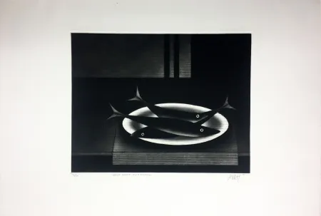 Mezzotint Avati - Nature morte aux 3 poissons (1961)