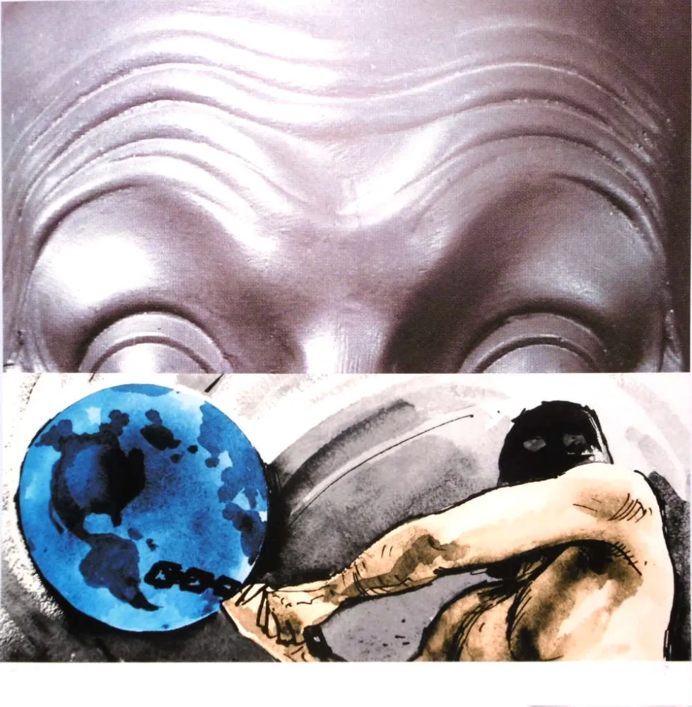 Сериграфия Baldessari - Eyebrows furrowed foreheads figure with globe