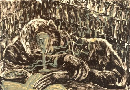 Литография Barcelo - Jeune homme ivre dans un bar.