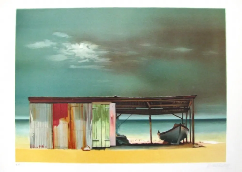 Литография Battut - Baraque sur la plage