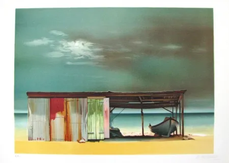 Литография Battut - Baraque sur la plage