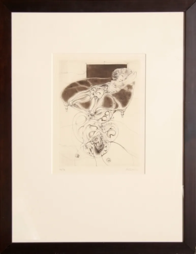 Гравюра Bellmer - La petite fille sur canape noir