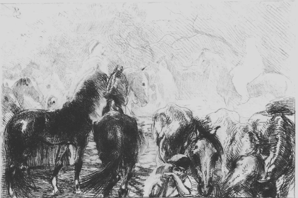 Офорт Besnard - Marché aux chevaux a Mainson Carré - Algérie