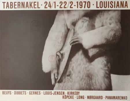 Сериграфия Beuys -  „Tabernakel  · 24/1-22/2-1970 · Louisiana. Beuys · Dibbets  · Gernes · Louis-Hen- sen  · Kirkeby. Köpcke  · Long  · Norgard ·Panamarenko.“ 