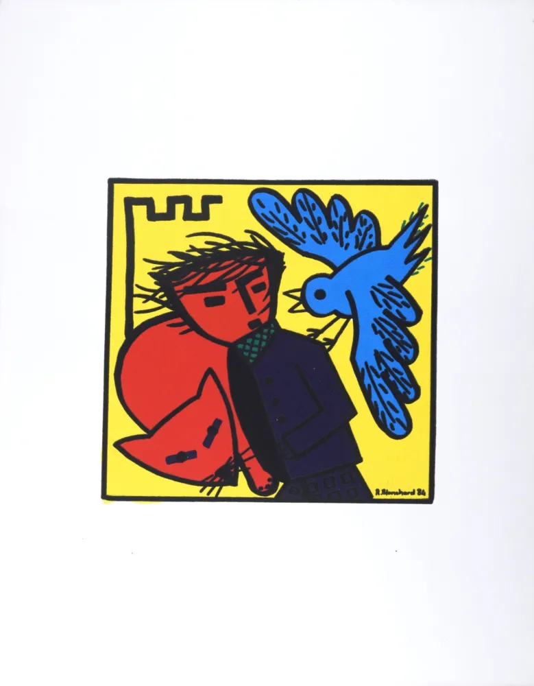 Литография Blanchard - Oiseau, personnage et chat