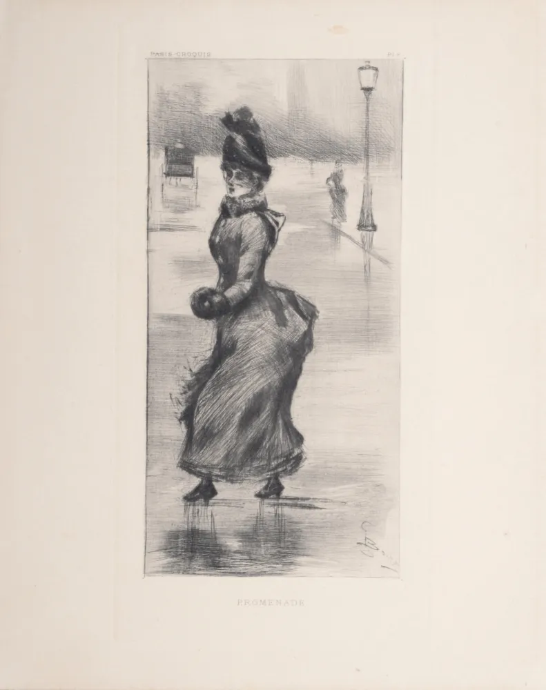 Гравюра Сухой Иглой Boutet - Femme élégante, Promenade à Paris, c. 1890