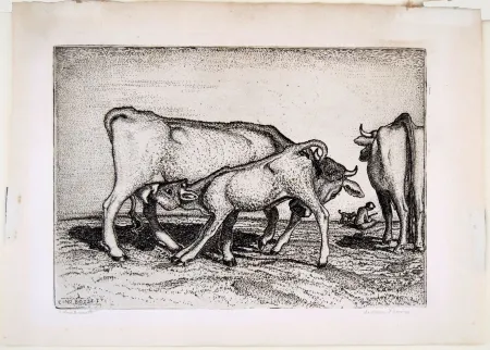 Гравюра Bozzetti - LA VACCA E IL BOCCINO (The cow and the calf), fourth version. 