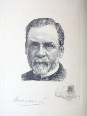 Гравюра Bracquemond - Pasteur et les pastoriens.  Avec un portrait à l'eau-forte par Bracquemond