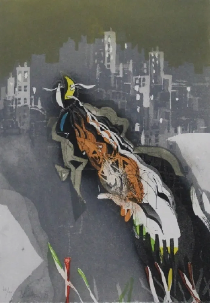 Офорт И Аквитанта Brandstätter - Stadt mit Mond