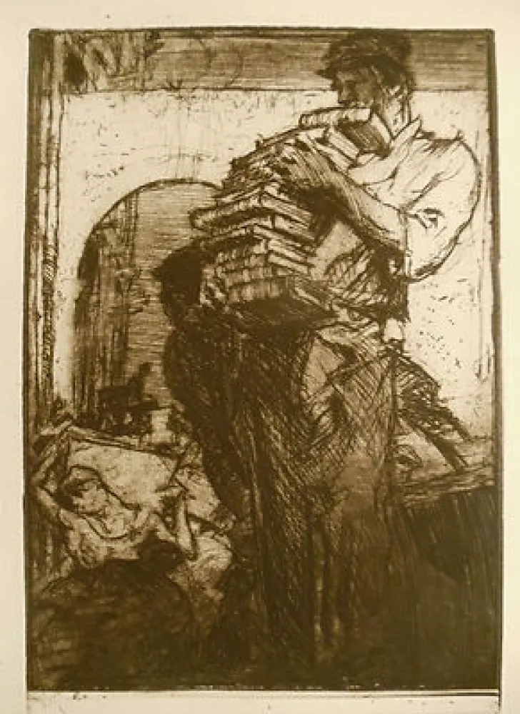 Гравюра Brangwyn - Man Carrying a Pile of Books