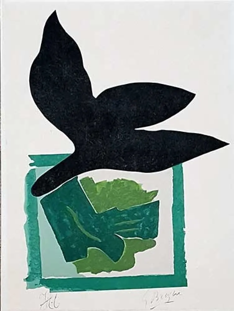 Гравюра На Дереве Braque - Oiseau noir sur fond vert