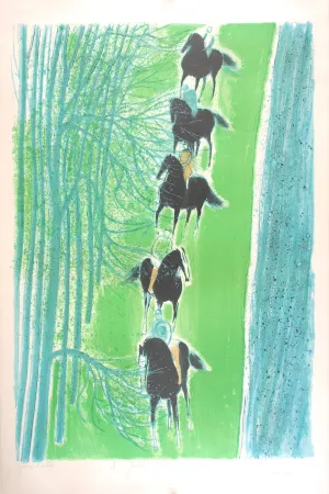 Литография Brasilier - Cavalcade au Bord du Cher - Cavalcade on the side of the Cher