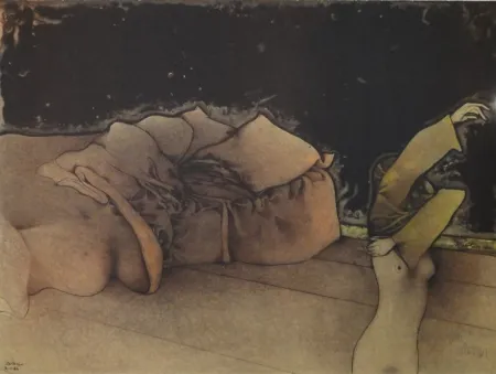 Литография Bruni - Zurigo. (Sich Entkleidende vor Sofa)