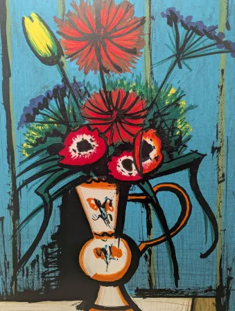 Литография Buffet - Bouquet au fond bleu 