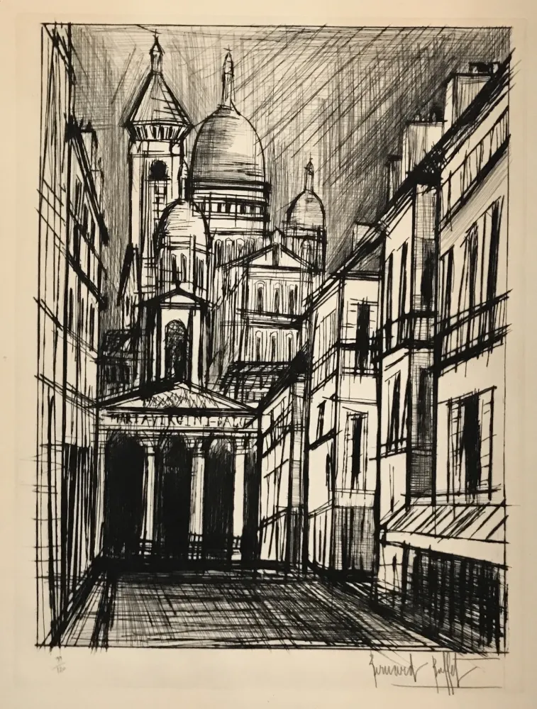 Гравюра Сухой Иглой Buffet - Notre Dame de Lorette et le Sacre Coeur