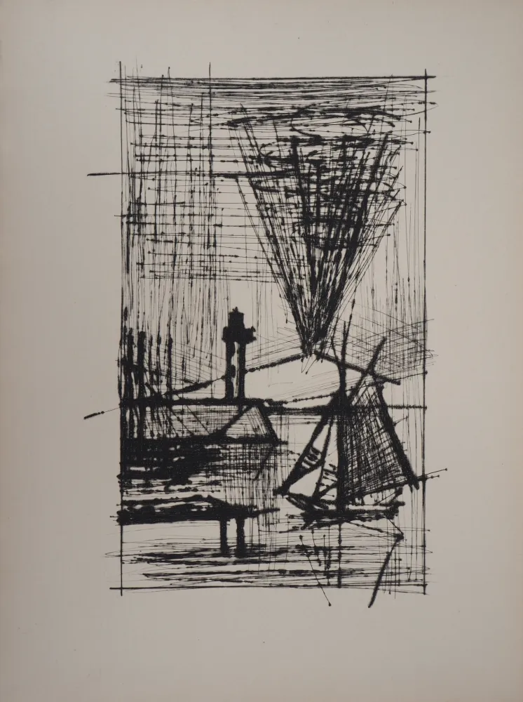 Гравюра Buffet - Paysage au voilier et au phare