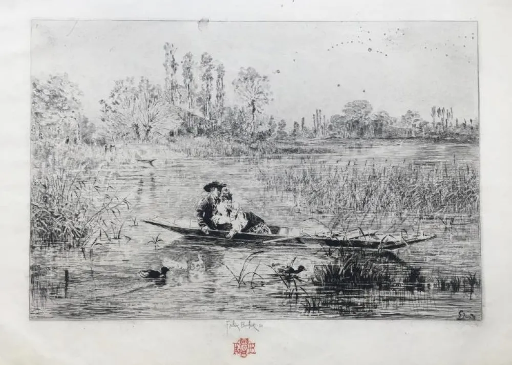 Гравюра Buhot - Au fil de l'eau (1875)