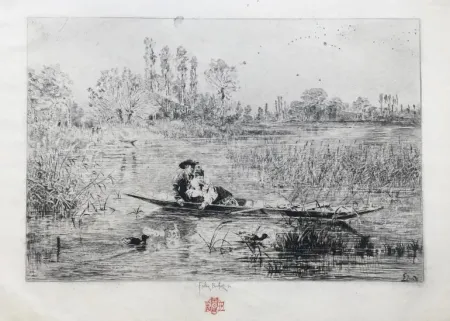 Гравюра Buhot - Au fil de l'eau (1875)