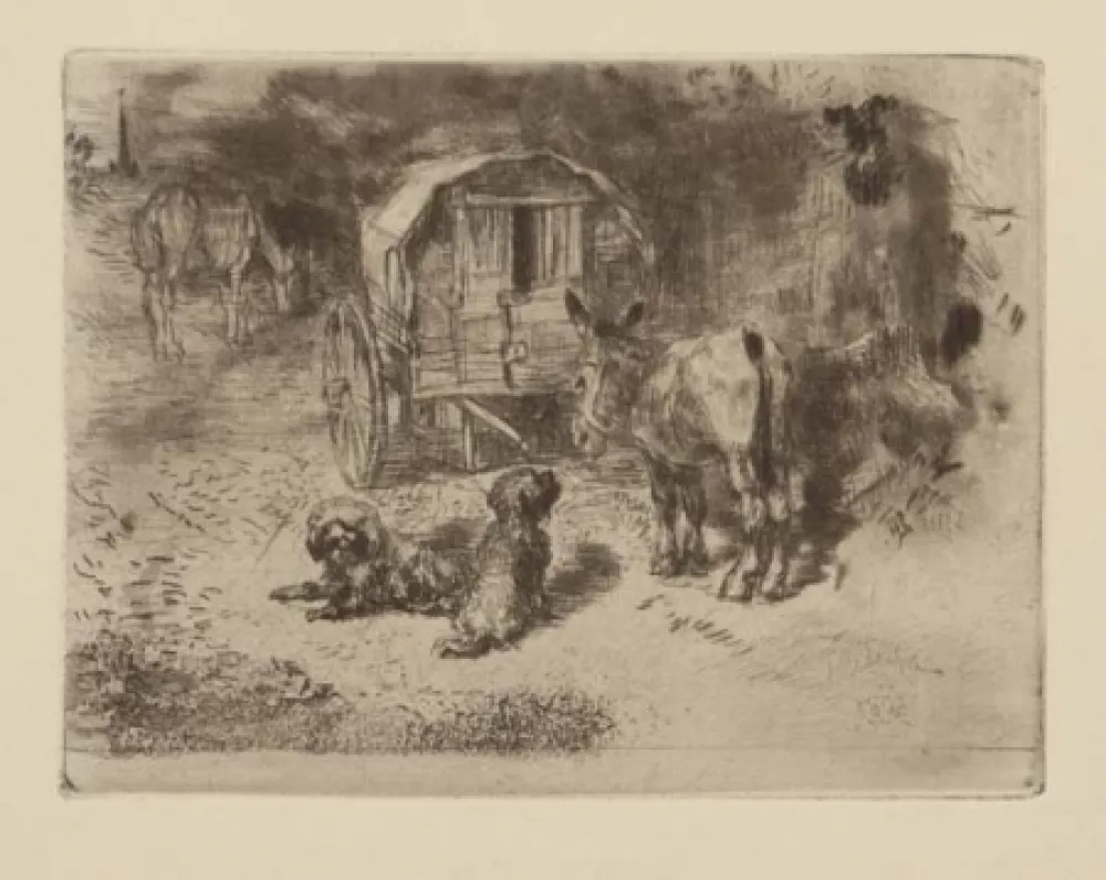 Офорт И Аквитанта Buhot - Gardiens du logis / Les amis du saltimbanque