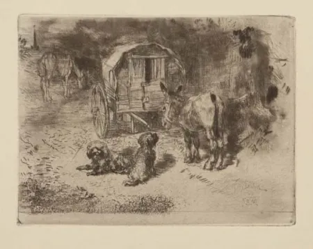 Офорт И Аквитанта Buhot - Gardiens du logis / Les amis du saltimbanque