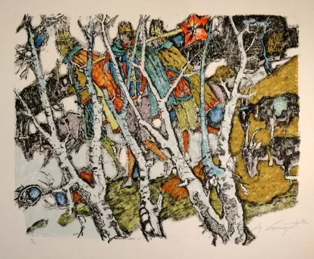 Литография Carigiet - Sternsinger  (Die Drei Könige hinter Birken)