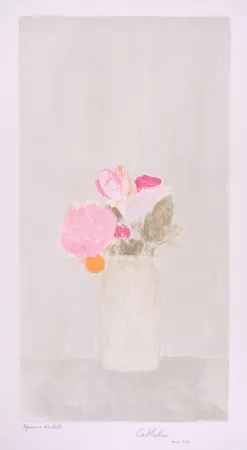 Литография Cathelin - Bouquet de roses au fond gris - Bouquet of roses on a grey background